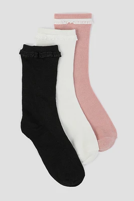 Ardene 3-Pack Lace Trim Crew Socks in Medium Pink | Polyester/Spandex