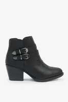 Ardene Double Buckle Cowboy Ankle Boots in Black | Size | Faux Leather/Rubber