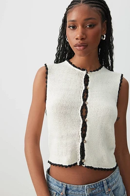 Ardene Crop Contrast Trim Button Front Sweater Vest in White | Size | Cotton