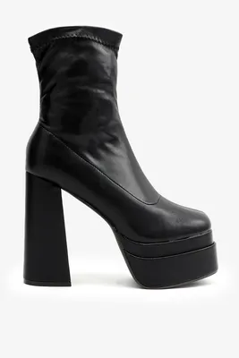 Ardene A.C.W. Block Heel Platform Booties in Black | Size | Faux Leather
