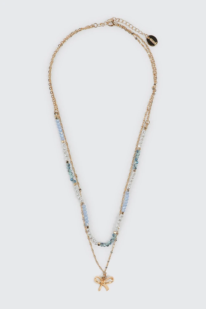 Ardene Two-Row Bow & Bead Necklace in Medium Blue