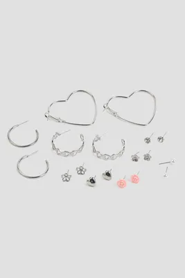 Ardene 9-Pack of Heart & Floral Assorted Earrings in Silver | Stainless Steel