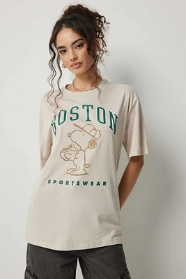 Ardene Oversized Boston Snoopy T-Shirt in Beige | Size | 100% Cotton