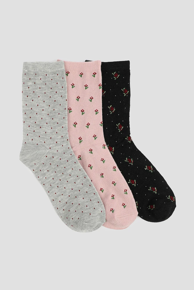 Ardene 3-Pack Floral & Polka Dot Crew Socks in Light Pink | Polyester/Spandex