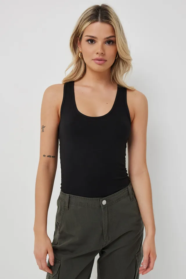 Ardene Basic Long Tank Top with Spaghetti Straps in Khaki, Size Small, Polyester/Elastane