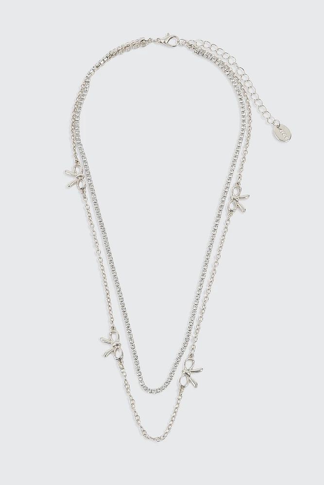 Ardene Two-Row Chain Necklace with Bow Charms in Silver