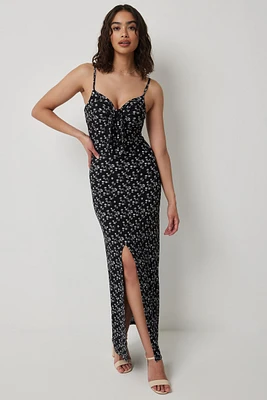 Ardene Ditsy Floral Maxi Dress with Bow Tie in Black | Size | Polyester/Spandex