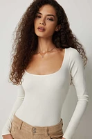 Ardene Scoop Neck Long Sleeve Bodysuit in White | Size | Nylon/Elastane