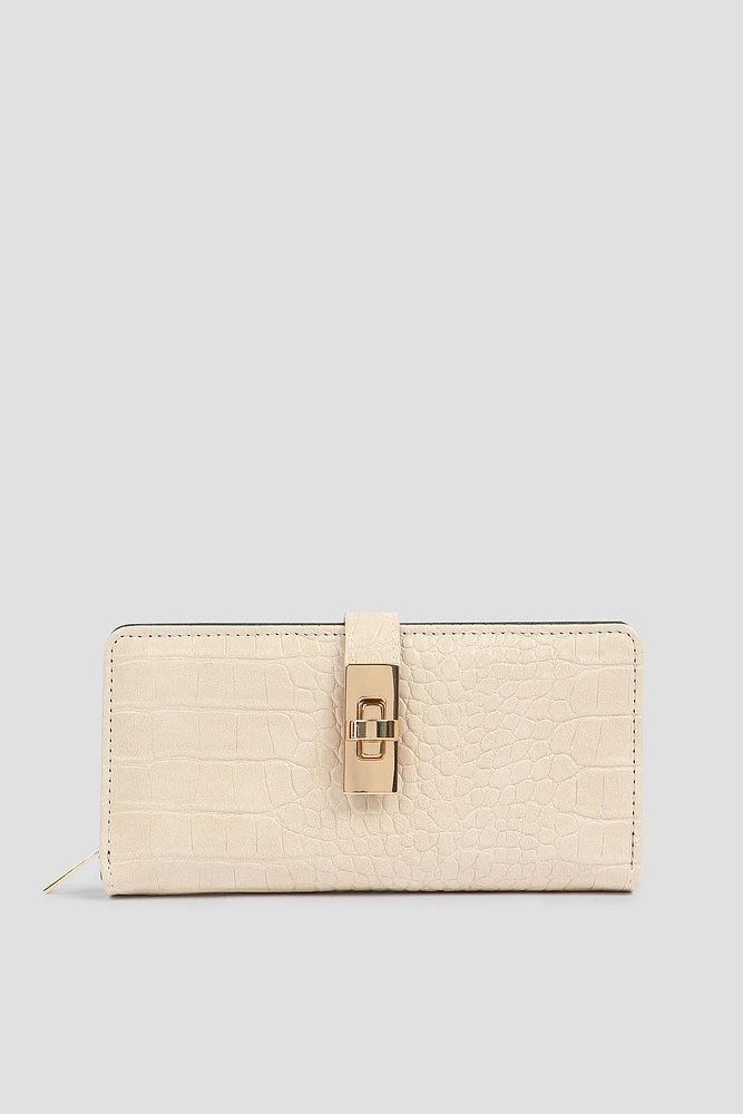 Ardene Croc Embossed Wallet in Beige | Faux Leather/Polyester