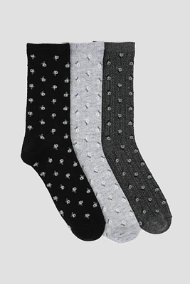 Ardene 3-Pack Ditsy Flower Crew Socks in Dark Grey | Polyester/Spandex