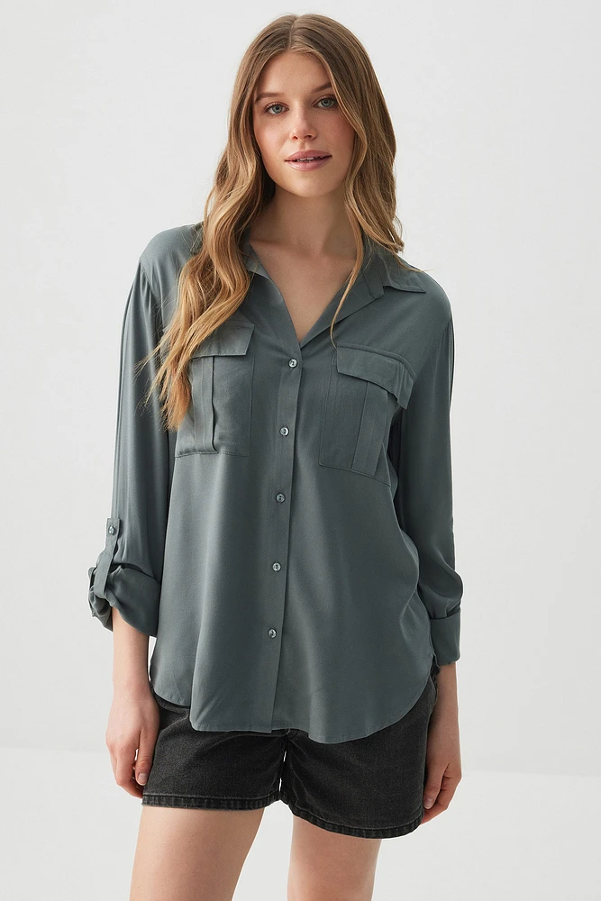 Ardene Utility Shirt in Dark Green | Size | Rayon