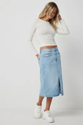 Ardene High Rise Midi Denim Skirt in Light Blue | Size | Cotton/Elastane