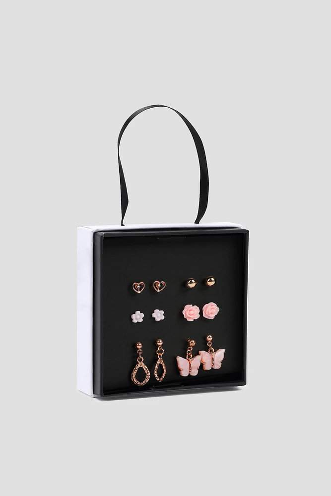 Ardene 6-Pack Floral & Butterfly Earrings in Medium Pink | Stainless Steel