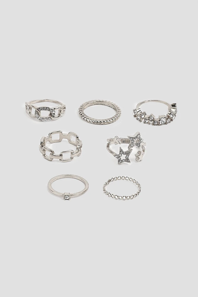 Ardene 7-Pack Celestial Rings in Silver | Size