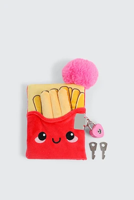 Ardene Kids Plush Fries Notebook with Lock & Pen in Red