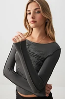 Ardene Printed Long Sleeve Top with Exposed Seams in Dark Grey | Size | Elastane/Viscose