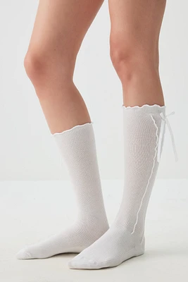 Ardene Lettuce Edge Knee High Socks with Bow in White | Polyester