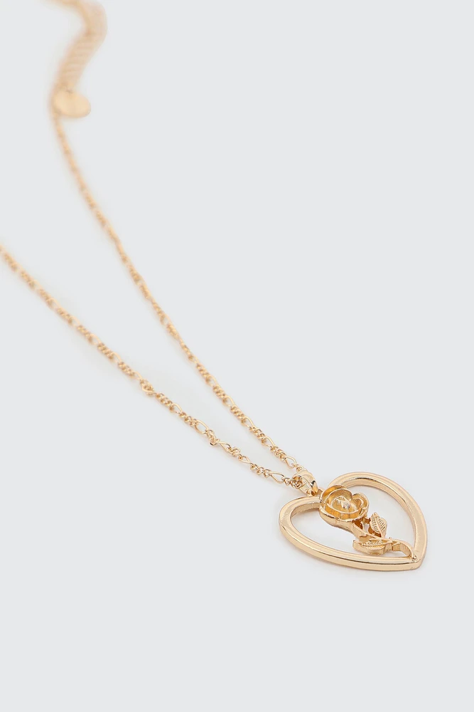 Ardene Rose Flower Heart Necklace in Gold