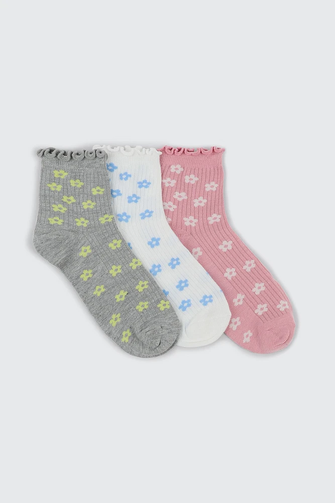 Ardene 3-Pack Floral Demi-Crew Socks | Polyester/Spandex