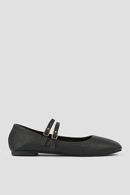 Ardene Double Strap Mary Jane Flats in Black | Size | Faux Leather