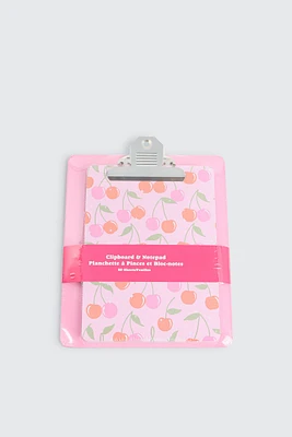 Ardene Kids Cherry Print Clipboard & Notepad in Light Pink