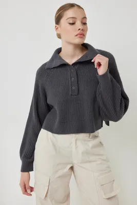 Ardene Crop Henley Sweater in Grey | Size | Polyester/Spandex/Cotton