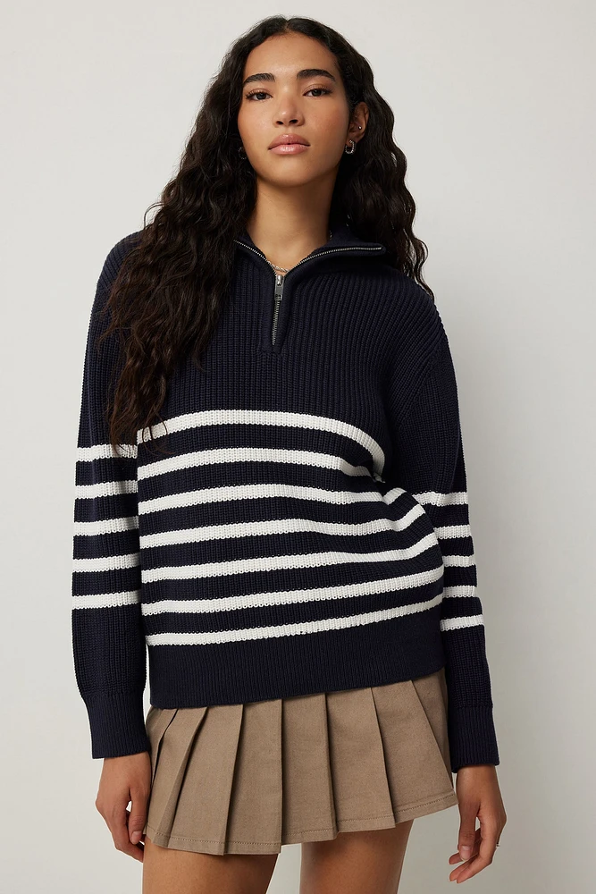 Ardene Striped Half Zip Sweater in Dark Blue | Size | 100% Cotton