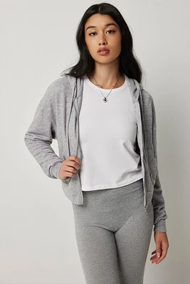 Ardene Brushed Knit Short Zip-Up Hoodie in Grey | Size | Polyester/Rayon/Elastane