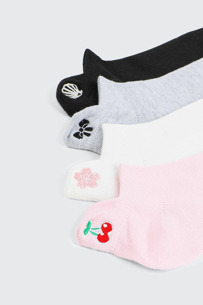 Ardene 4-Pack Embroidered Ankle Socks in Light Pink | Polyester/Spandex