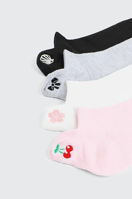 Ardene 4-Pack Embroidered Ankle Socks in Light Pink | Polyester/Spandex