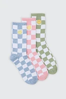 Ardene 3-Pack of Smiley Checkered Crew Socks | Polyester/Spandex