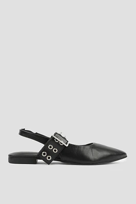 Ardene Sling Back Flats with Buckle in Black | Size | Faux Leather | Eco-Conscious