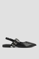 Ardene Sling Back Flats with Buckle in Black | Size | Faux Leather | Eco-Conscious