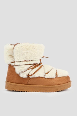 Ardene Wraparound-Lace Faux Sheep Boots in Cognac | Size | Microfiber | Eco-Conscious