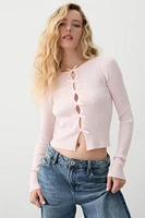 Ardene Long Sleeve Sweater with Front Bows in Light Pink | Size | Polyester/Nylon