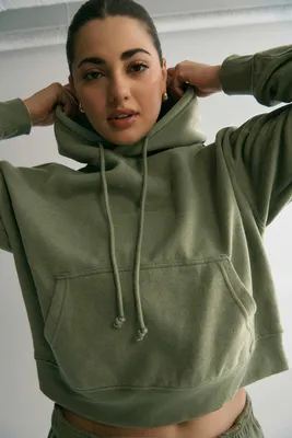 Ardene Solid Short Hoodie in Khaki | Size | Polyester/Cotton | Fleece-Lined | Eco-Conscious