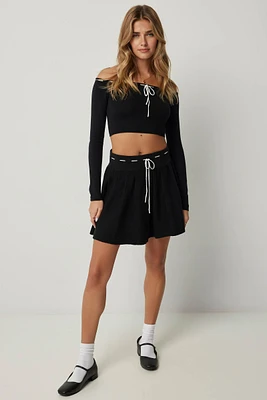 Ardene Flare Mini Skirt with Contrast Tie String in Black | Size | Polyester/Rayon/Nylon