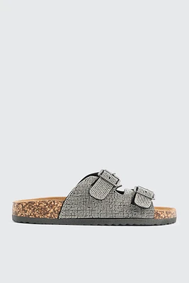 Ardene Two-Buckle Embellished Sandals in Silver | Size | Faux Suede