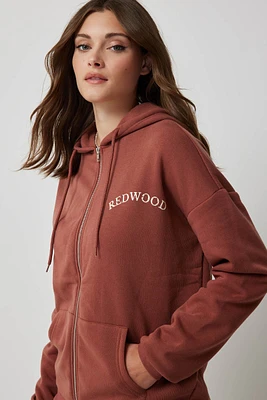 Ardene Oversized Graphic Zip-Up Hoodie in Red | Size | Polyester | Fleece-Lined