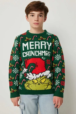 Ardene Kids Grinchmas Ugly Christmas Sweater in Dark Green | Size | 100% Acrylic