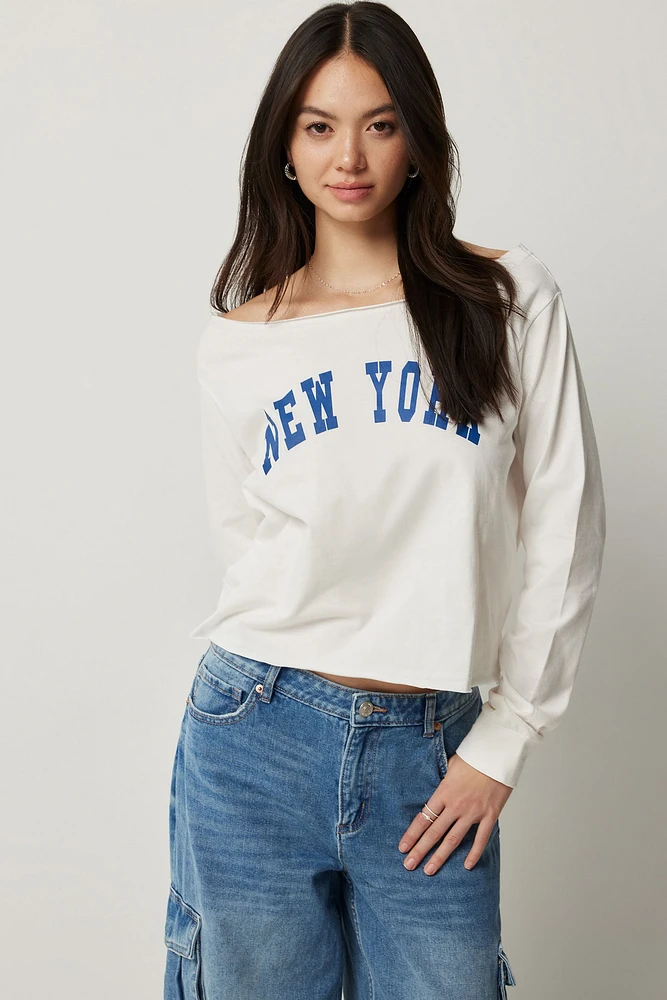 Ardene New York Off Shoulder T-Shirt in White | Size | Polyester/Cotton