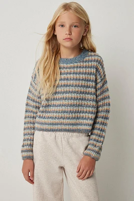 Ardene Kids Colorful Striped Sweater in Medium Blue | Size Small | 100% Acrylic