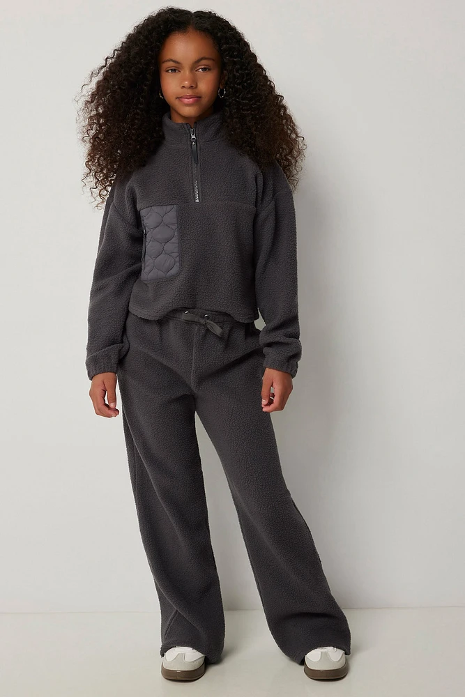 Ardene Kids Wide Leg Sherpa Pants in Dark Grey | Size | Polyester