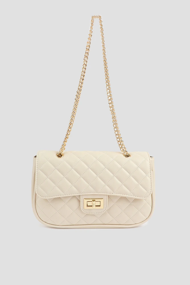 Ardene Chain Strap Quilted Bag in Beige | Faux Leather/Polyester