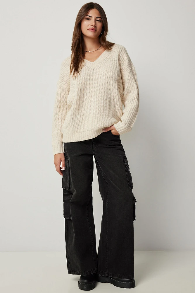 Ardene Mid Rise Wide Leg Cargo Jeans in Black | Size | 100% Cotton