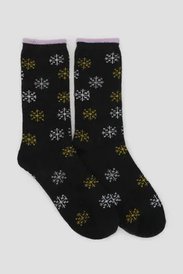 Ardene Snowflake Boot Socks in Black | Polyester/Spandex