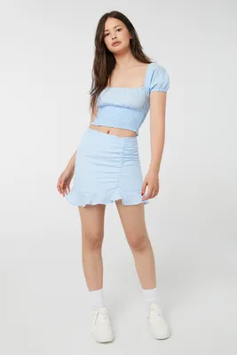 Ardene Gingham Ruffle Hem Mini Skirt in Blue | Size | Polyester