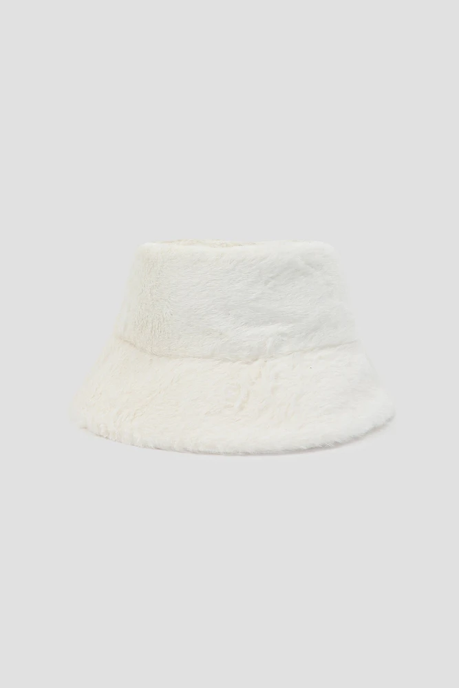 Ardene Faux Fur Bucket Hat in White | Polyester