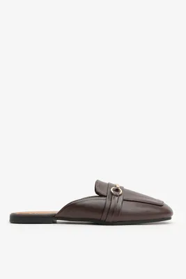 Ardene Gold Buckle Mules in Brown | Size | Faux Leather/Faux Suede/Rubber