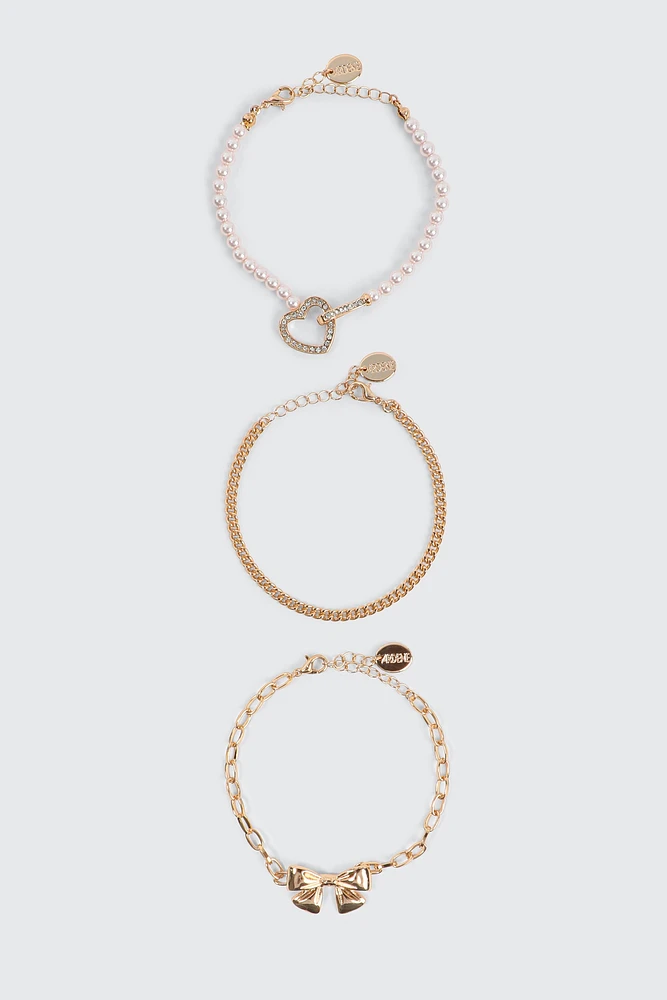 Ardene 3-Pack Heart & Bow Bracelets in Gold